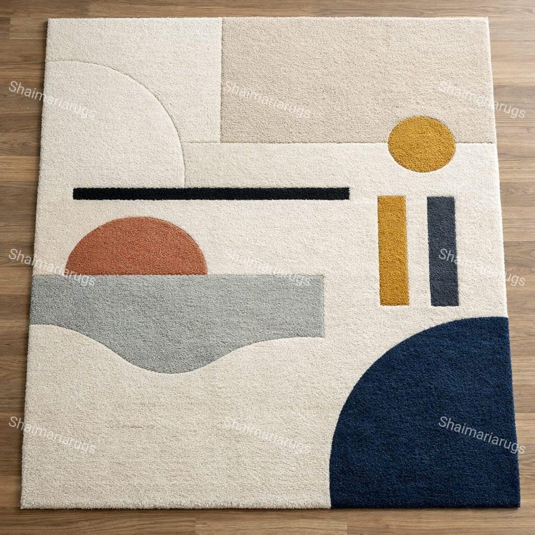 Modern Abstract Area Rug | Cream & Navy Geometric Hand Tufted Wool ...