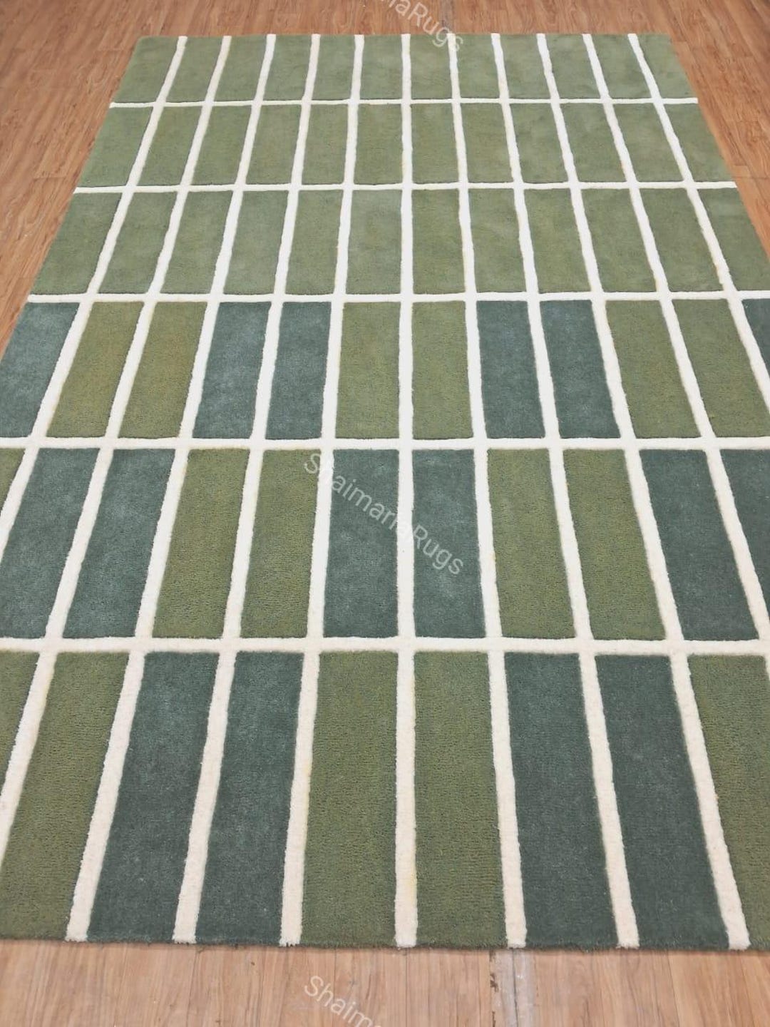 Monochramatic Green Rug Hand Tufted Green Geometric Rug, Modern Checkered Area Rug, Luxury Wool ...