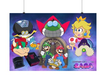 May include: A colorful poster featuring various video game characters including Mario, Luigi, Princess Peach, Bowser, and Toad against a dark purple nebula background. The text Thousand-Year Door SAGA is printed in the bottom right corner.
