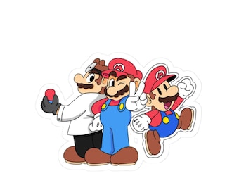 May include: A die-cut sticker featuring three cartoon characters. One wears a white lab coat and holds a red pill. The second wears a red cap and blue overalls, making a peace sign. The third is a smaller version jumping with a joyful expression.