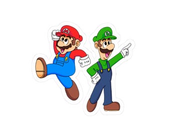 May include: A sticker featuring two cartoon characters: one wearing a red hat with an M, red shirt, and blue overalls, jumping; the other wearing a green hat with an L, green shirt, and dark blue overalls, pointing with one hand.