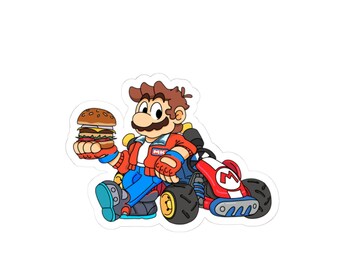 May include: A cartoon sticker featuring a brown-haired character with a mustache wearing a red jacket with an MK patch, blue pants, and fingerless gloves, holding a cheeseburger while leaning against a red and blue go-kart with an M emblem.