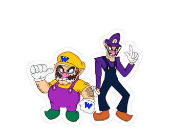 May include: A sticker featuring a cartoon illustration of Wario and Waluigi. Wario wears a yellow cap with a blue W, yellow shirt, purple overalls, and green shoes. Waluigi wears a purple cap with a yellow L, purple shirt, dark overalls, and orange shoes.