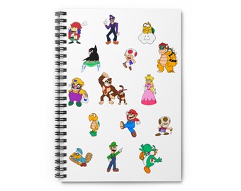 May include: A white spiral-bound notebook featuring a collection of colorful cartoon character illustrations from the Super Mario franchise, including Mario, Luigi, Princess Peach, Bowser, Wario, Waluigi, Toad, Donkey Kong, and various other creatures.