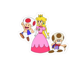May include: A die-cut sticker featuring a cartoon illustration of Princess Peach in a pink dress, a Toad with a red-spotted mushroom cap, and an elderly Toad with a brown-spotted cap, white mustache, blue vest, and a wooden cane.