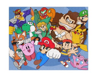 May include: A jigsaw puzzle featuring a colorful illustration of various video game characters including Mario, Luigi, Donkey Kong, Link, Pikachu, Kirby, Fox McCloud, Yoshi, Captain Falcon, Samus Aran, Ness, and Jigglypuff on a blue background.