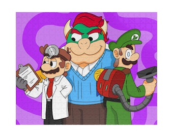 May include: A jigsaw puzzle featuring a cartoon illustration of a character dressed as a doctor holding a clipboard, a large horned character in a blue sweater, and a character in green overalls carrying a red vacuum cleaner on a purple background.