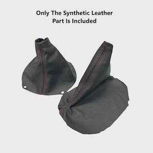 May include: Two black synthetic leather shift boots with red stitching. The text "Only The Synthetic Leather Part Is Included" is above the boots. The boots are designed to cover the gear shift lever in a vehicle.