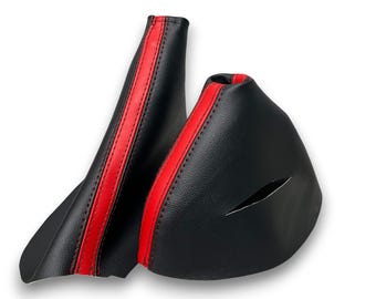 Corvette C6 Z06 Shift and E-Brake Boot Set: Torch Red and Black Synthetic Leather