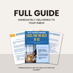 Può includere: Immagine promozionale per un manuale di Excel intitolato "Excel for the Rest of Us". La copertina è blu con testo bianco. L'immagine include anche il testo "Full Guide" e "Immediately Delivered to Your Inbox".