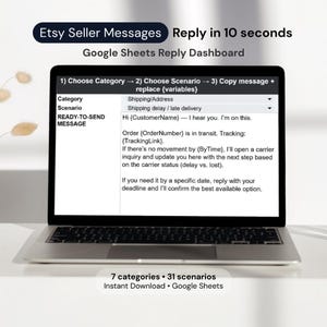 May include: A laptop displaying an Etsy seller message dashboard with the text "Etsy Seller Messages Reply in 10 seconds." The screen shows a Google Sheets interface with categories and scenarios for quick replies. The text "7 categories • 31 scenarios" is also visible.