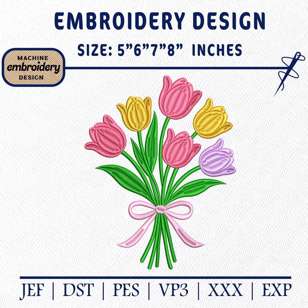 Pink Tulip Flower Embroidery Design | Spring Floral Tulip Bouquet ...