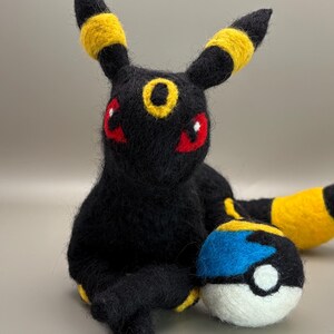 Umbreon Needle Felted Sculpture - Fully Poseable Handmade Pokemon Inspired Art Doll w/ Moon Ball (12")