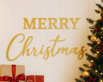 Decoración navideña – Arte mural navideño – Adornos navideños – Letrero de pared «Feliz Navidad» – Letrero personalizado con el nombre de la familia – Decoración navideña impresa en 3D