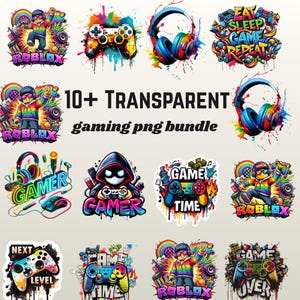 May include: A selection of vibrant gaming-themed PNG graphics. The images feature game controllers, headphones, and text including "Eat Sleep Game Repeat", "Gamer", and "Next Level". The text "10+ TRANSPARENT gaming png bundle" is also visible.