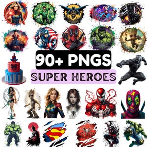 May include: A collection of superhero-themed PNG images, including Captain Marvel, Green Lantern, Batman, and Deadpool. The text "90+ PNGS SUPER HEROES" is displayed in the center. The images are colorful and suitable for various creative projects.
