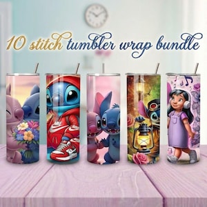 May include: A bundle of ten stainless steel tumblers with various Stitch-themed designs. Each tumbler features a different colorful illustration of Stitch and other characters. The text "10 stitch tumbler wrap bundle" is displayed at the top.