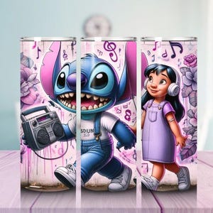 May include: A set of three tumblers featuring a cartoon character with blue fur, holding a boombox, and a girl wearing headphones. The tumblers have a pink floral and musical note background. The character is wearing a white shirt and blue overalls.