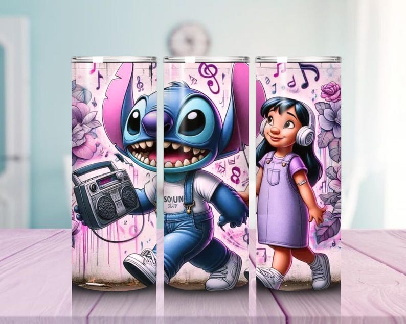 May include: A set of three tumblers featuring a cartoon character with blue fur, holding a boombox, and a girl wearing headphones. The tumblers have a pink floral and musical note background. The character is wearing a white shirt and blue overalls.