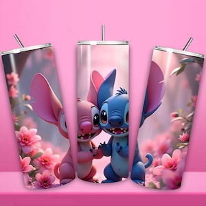 May include: Three stainless steel tumblers with a pink and floral background. Each tumbler features a cartoon image of Stitch and Angel from Lilo & Stitch. The characters are holding hands and smiling. Each tumbler has a silver straw.