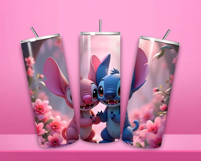 May include: Three stainless steel tumblers with a pink and floral background. Each tumbler features a cartoon image of Stitch and Angel from Lilo & Stitch. The characters are holding hands and smiling. Each tumbler has a silver straw.