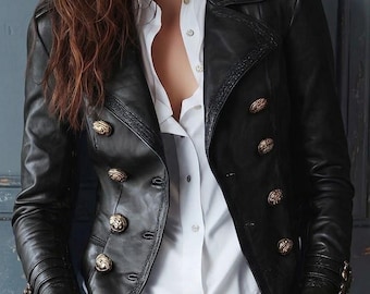 Women's Handmade Genuine Sheep Leather Double-Breasted Black Jacket with Gold Button Detailing.
