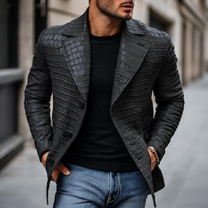 Men's Crocodile Embossed Sheepskin Leather Blazer – Matte Black Slim Fit Jacket