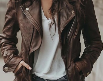 Women's Handmade Brown Lapel Vintage Genuine Lambskin Leather Jacket