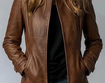 Women's Handmade Brown Genuine Lambskin Leather Blazer Long Lapel Jacket