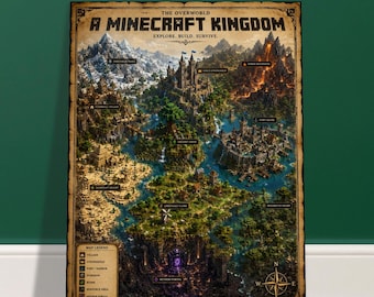 Póster con el mapa del reino de Minecraft / Arte mural de biomas y fortalezas del mundo exterior / Decoración para gamers en varios tamaños