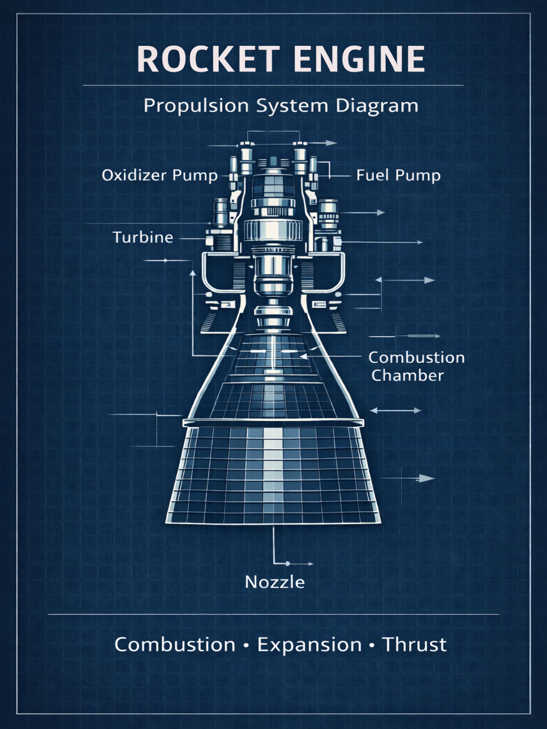 Bullet Engine Reference Outlined Rocket Engine Blueprint Poster – Propulsion System Diagram, Space ...
