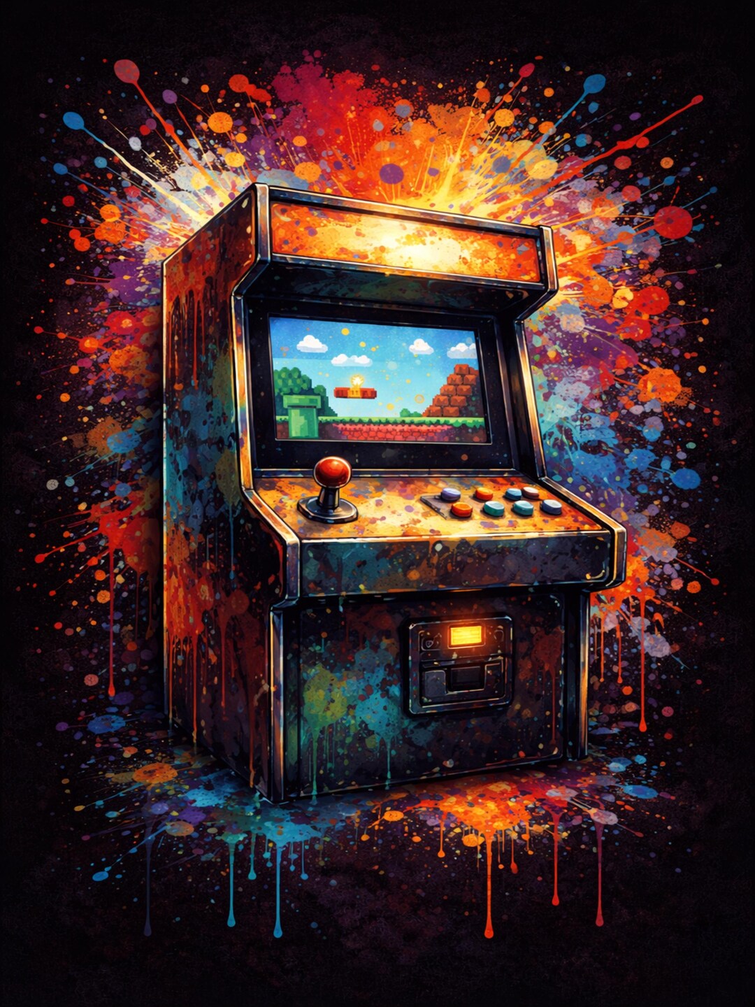 Retro Arcade Machine Poster | Vibrant Splatter Art Gaming Wall Decor ...