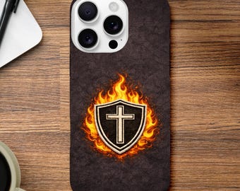 Funda con escudo cristiano para iPhone – Diseño de cruz de fe y llama / Funda protectora para iPhone / Funda religiosa / Regalo para él o ella