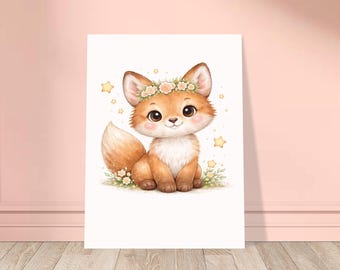 Arte de pared para guardería de zorro bebé / Impresión de animales del bosque para guardería / Decoración de habitación de bebé de zorro / Guardería de bosque de acuarela
