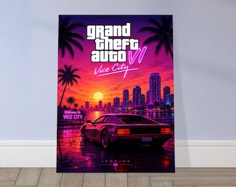 Plakat Vice City Sunset | Grafika ścienna do gier w stylu retro | Neonowa grafika z miejskim krajobrazem | Dekoracja synthwave z lat 80. | Plakat do pokoju gracza | Prezent dla gracza