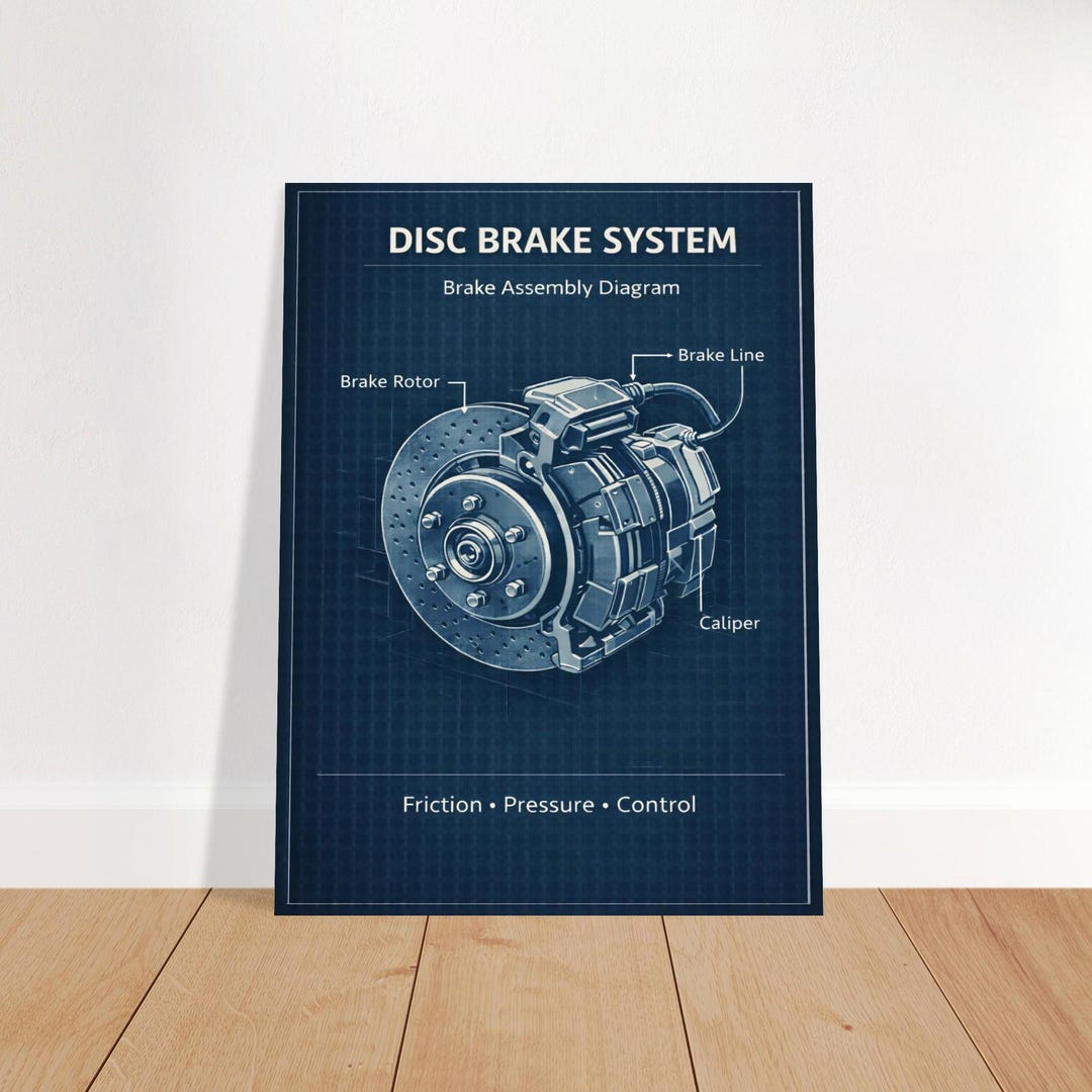 Disc Brake System Blueprint Poster – Mechanical Brake Assembly Wall Art ...