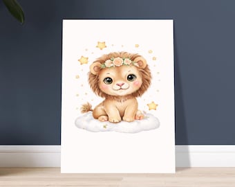Arte de pared para guardería de bebé león / Impresión de guardería de animales del bosque / Decoración de habitación de bebé león / Guardería de bosque de acuarela