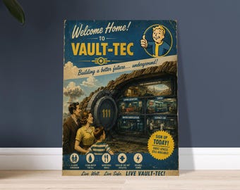 Póster retro de Vault-Tec / Arte mural inspirado en Fallout / Decoración de videojuegos vintage / Impresión publicitaria de Vault-Tec