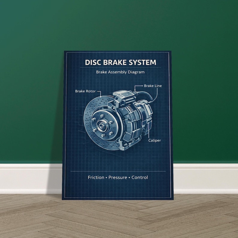 Disc Brake System Blueprint Poster – Mechanical Brake Assembly Wall Art ...