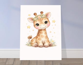 Arte de pared para guardería de jirafa bebé / Impresión de animales del bosque para guardería / Decoración de habitación de bebé con jirafa / Guardería de bosque con acuarela