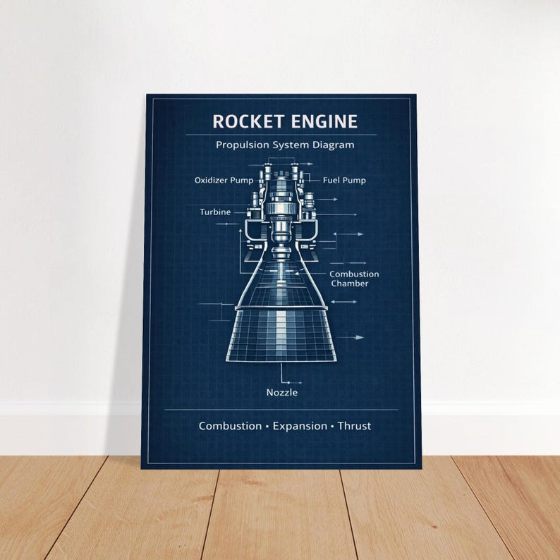Bullet Engine Reference Outlined Rocket Engine Blueprint Poster – Propulsion System Diagram, Space ...
