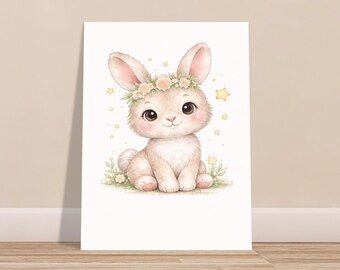 Arte de pared para habitación de bebé conejito / Impresión de animales del bosque para habitación de bebé / Decoración de habitación de bebé conejito / Guardería de bosque con acuarela