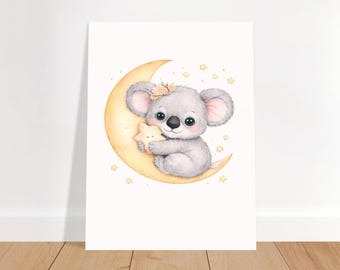 Arte de pared para guardería de koala bebé / Impresión de animales del bosque para guardería / Decoración de habitación de bebé koala / Guardería de bosque en acuarela