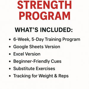 Puede incluir: Fondo blanco con texto rojo que dice "5-DAY STRENGTH PROGRAM". Debajo, el texto "WHAT'S INCLUDED:" presenta una lista de características, incluyendo un programa de entrenamiento de 6 semanas, versiones de Google Sheets y Excel, indicaciones para principiantes y seguimiento de ejercicios. El logotipo de BuildLabsFitness está en la parte inferior.