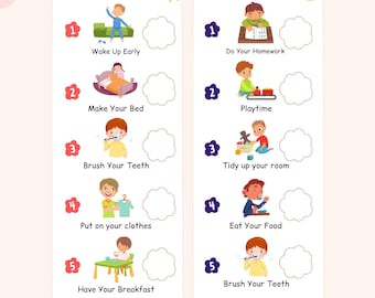 May include: A colourful "Daily Routine Table" with daytime and nighttime tasks. The chart includes illustrations of activities like waking up, brushing teeth, and packing a bag. The text encourages completing daily tasks.
