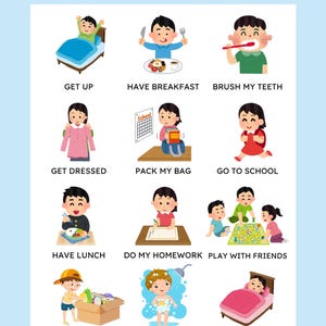 May include: A colorful educational poster titled "EVERYDAY ACTIONS" depicts children performing daily routines. Illustrations include getting up, eating breakfast, brushing teeth, getting dressed, packing a bag, going to school, having lunch, doing homework, playing, cleaning toys, showering, and going to bed.