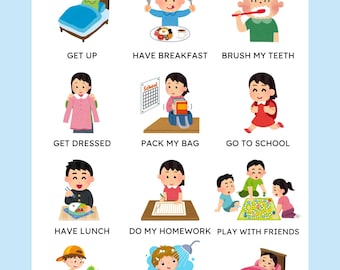 May include: A colorful educational poster titled "EVERYDAY ACTIONS" depicts children performing daily routines. Illustrations include getting up, eating breakfast, brushing teeth, getting dressed, packing a bag, going to school, having lunch, doing homework, playing, cleaning toys, showering, and going to bed.