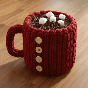 May include: A large, red knitted mug filled with chocolate and topped with marshmallows and chocolate shavings. The mug has a handle and is adorned with four beige buttons down the front. The mug is a cozy, decorative item.