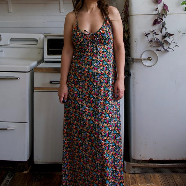 Vintage 1970s Black Floral Maxi Dress