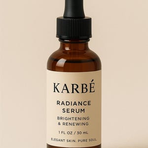 K&ouml;nnte beinhalten: Braune Glasflasche mit Karb&eacute; Radiance Serum und schwarzer Pipette. Das Etikett lautet "RADIANCE SERUM, BRIGHTENING & RENEWING, 30 ml, ELEGANT SKIN. PURE SOUL."